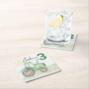 Personalized Green Tractor Theme Paper Coasters