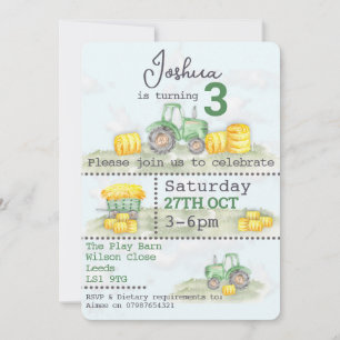 Personalized Green Tractor Themed Invitations