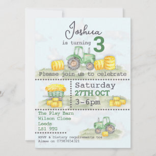Personalized Green Tractor Themed Invitations 