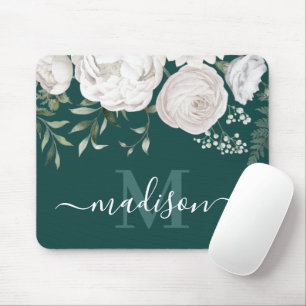 Personalized Green White Floral Name Monogram Mouse Pad