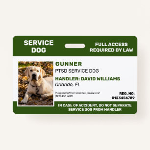 Personalized Green White Service Dog Photo ID Badge