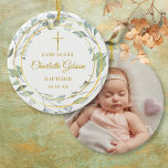 Personalized Greenery Gold Boy Girl Baptism Photo Ceramic Tree Decoration<br><div class="desc">Featuring a decorative laurel garland,  gold rings and gold cross. Personalize with your special photo and baptism or christening details on this elegant boy or girl keepsake ornament. Designed by Thisisnotme©</div>