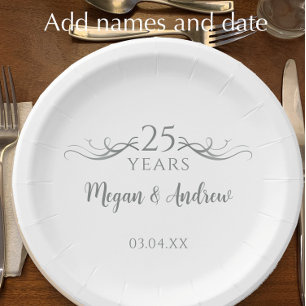 Personalized Grey 25th Wedding Anniversary Party Paper Plate