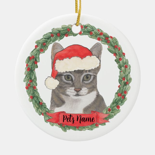 Personalized Grey Tabby Cat Santa Christmas Ceramic Tree Decoration (Front)