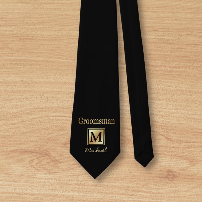 personalized groomsman gold script black Neck Tie (Creator Uploaded)