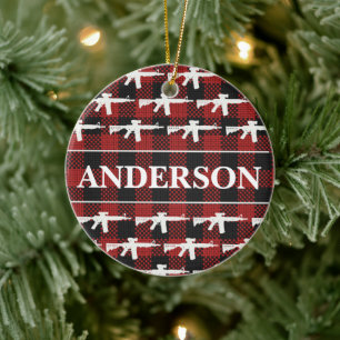 Personalized Gun Owner Plaid AR-15 Christmas Ceramic Tree Decoration