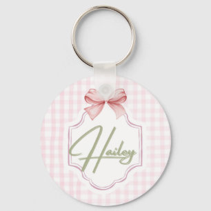 Personalized Hailey Baby Girl Nursery Bow&Gingham Key Ring