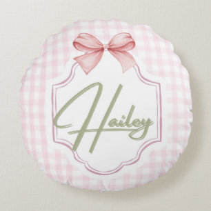 Personalized Hailey Baby Girl Nursery Bow&Gingham Round Cushion