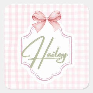 Personalized Hailey Baby Girl Nursery Bow&Gingham Square Sticker