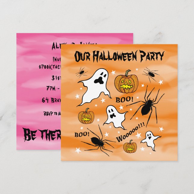 Personalized Halloween Ghosts, Pumpkins and Spider Invitation (Front/Back)