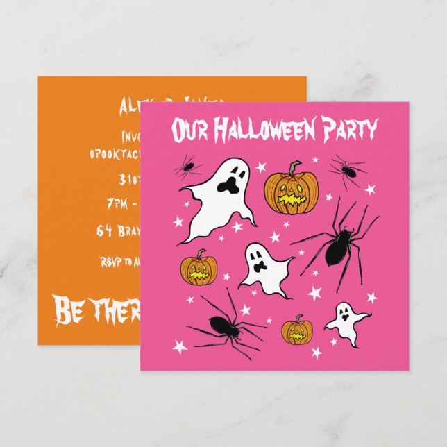 Personalized Halloween Ghosts, Pumpkins and Spider Invitation (Front/Back)