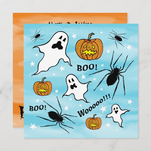 Personalized Halloween Ghosts, Pumpkins and Spider Invitation (Front/Back)