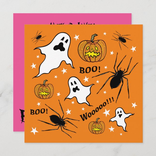 Personalized Halloween Ghosts, Pumpkins and Spider Invitation (Front/Back)