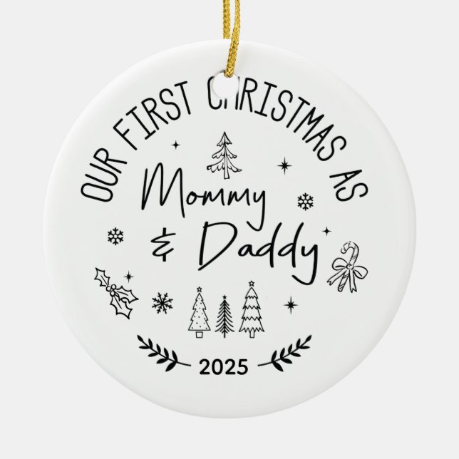Personalized Hand Drawn First Christmas as Mom and Ceramic Tree Decoration (Front)