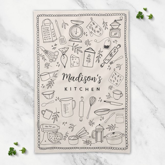 Personalized Hand Drawn Kitchen Cooking Utensils  Tea Towel (In situ)