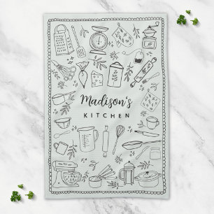 Personalized Hand Drawn Kitchen Cooking Utensils  Tea Towel