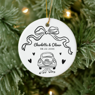 Personalized Hand Drawn Whimsical Bow Wedding Ceramic Tree Decoration