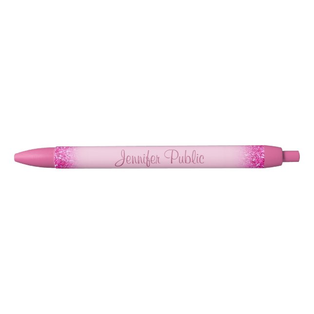 Personalized Hand Script Name Girly Pink Glitter Black Ink Pen (Front)