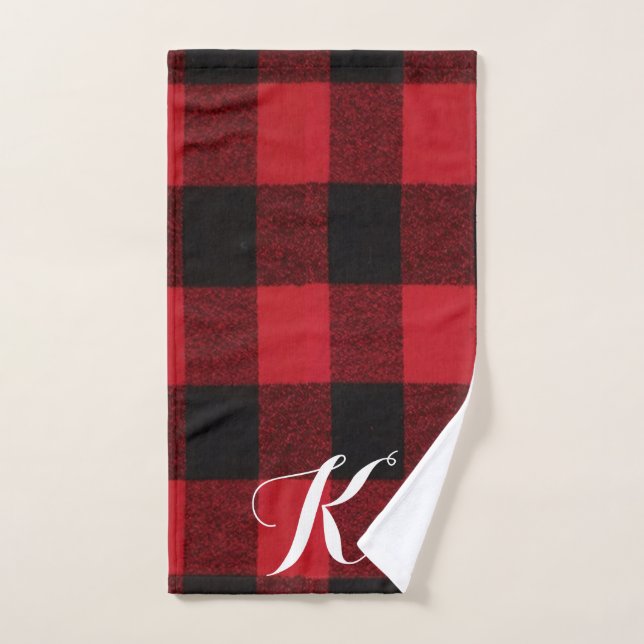 Personalized Hand Towel Red Buffalo Plaid Bear Bla (Hand Towel)