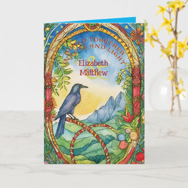 PERSONALIZED HANDFASTING CARD PAGAN CELTIC RAVEN (Yellow Flower)