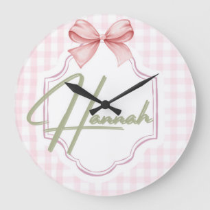 Personalized Hannah Baby Girl Nursery Bow&Gingham Large Clock