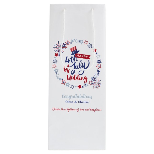 Personalized Happy 4th of July Wedding Cheers Wine Gift Bag (Front)