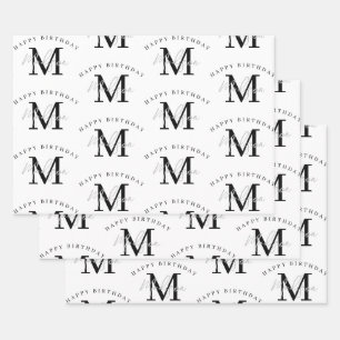 Personalized Happy Birthday Black White Monogram Wrapping Paper Sheet