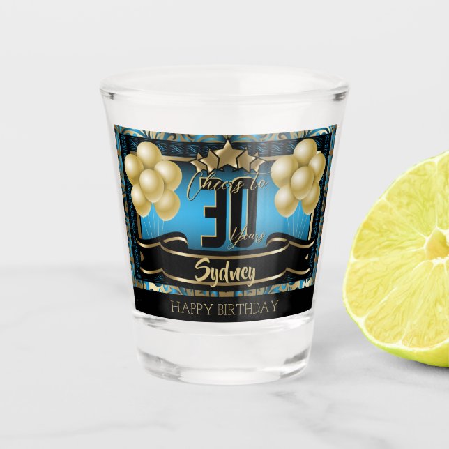 Personalized Happy Birthday Celebration - Blue Shot Glass (Front)