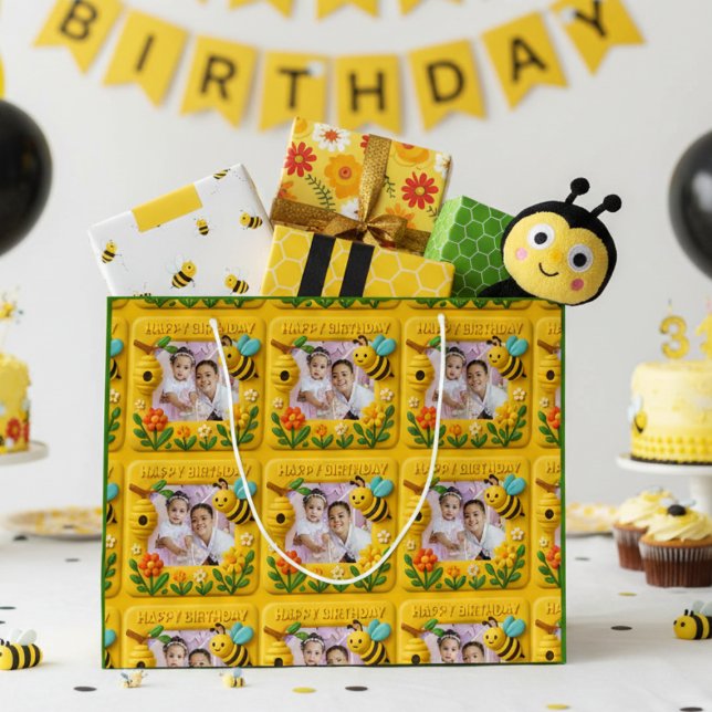 Personalized Happy Birthday Cute Bees Large Gift Bag (Creator Uploaded)