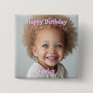Personalized Happy Birthday Name and Photo 15 Cm Square Badge