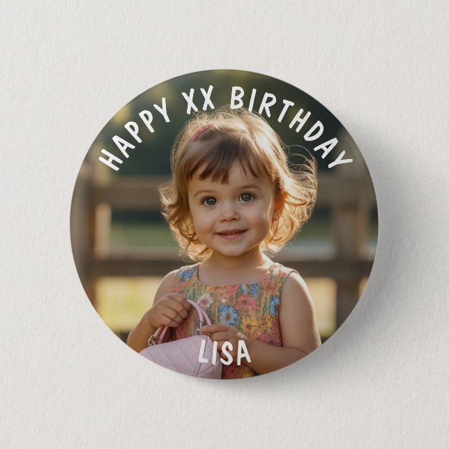 Personalized Happy Birthday Photo Name and Age 6 Cm Round Badge (Front)