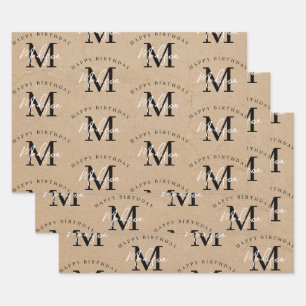 Personalized Happy Birthday Rustic Kraft Monogram Wrapping Paper Sheet