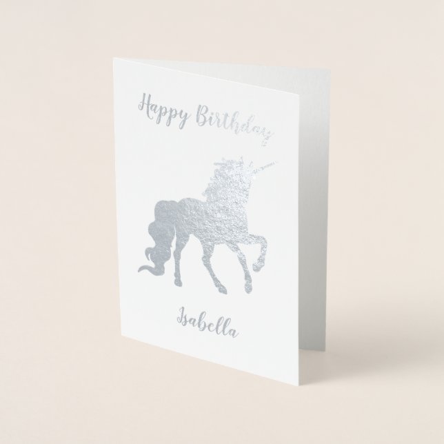 Personalized Happy Birthday Unicorn Silver Foil Card (Front)