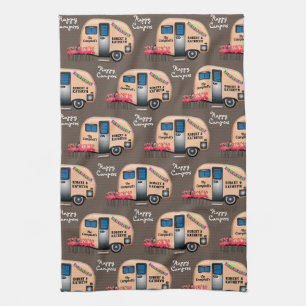 Personalized Happy Campers w/Flamingos Kitchen Tea Towel