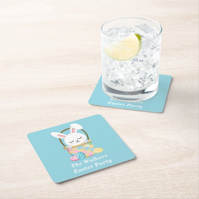 Personalized Happy Easter Baby Blue Party Square Paper Coaster (Insitu)