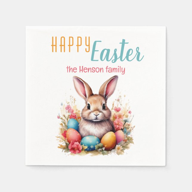 Personalized Happy Easter Bunny Eggs Family  Napkin (Front)