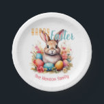 Personalized Happy Easter Bunny Eggs Family  Paper Plate<br><div class="desc">Personalized Happy Easter Bunny Eggs Family Paper Plates. Celebrate Easter with this personalized watercolor design featuring a charming bunny, vibrant Easter eggs, and delicate spring flowers. Customize with your family name. Perfect for Easter baskets, home decor, or thoughtful gifts, this festive and cute design brings warmth and joy to your...</div>