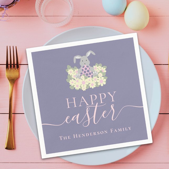 Personalized Happy Easter Cute Bunny Floral Purple Napkin (Personalized happy easter bunny floral purple pink napkins)
