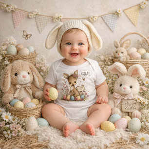 Personalized Happy Easter Deer Illustration  Baby Bodysuit