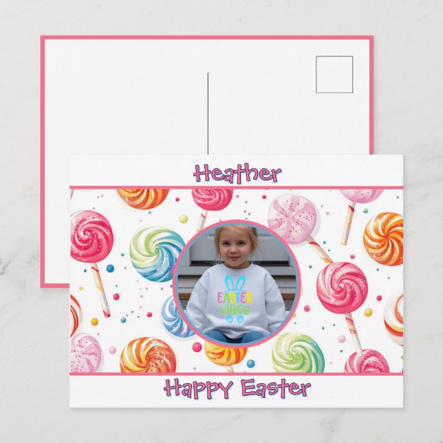 Personalized Happy Easter Lollipop Candy Photo Postcard (Front/Back)