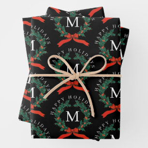 Personalized Happy Holidays Black Monogram Wreath  Wrapping Paper Sheet