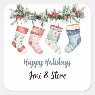 Personalized Happy Holidays Christmas Stocking Square Sticker