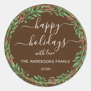 Personalized Happy Holidays watercolor wreath Classic Round Sticker