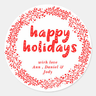 Personalized Happy Holidays Wreath Red and White Classic Round Sticker