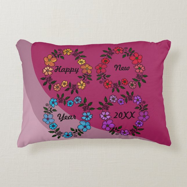 PERSONALIZED HAPPY NEW YEAR 20XX & FLOWERS WREATHS DECORATIVE CUSHION (Front)