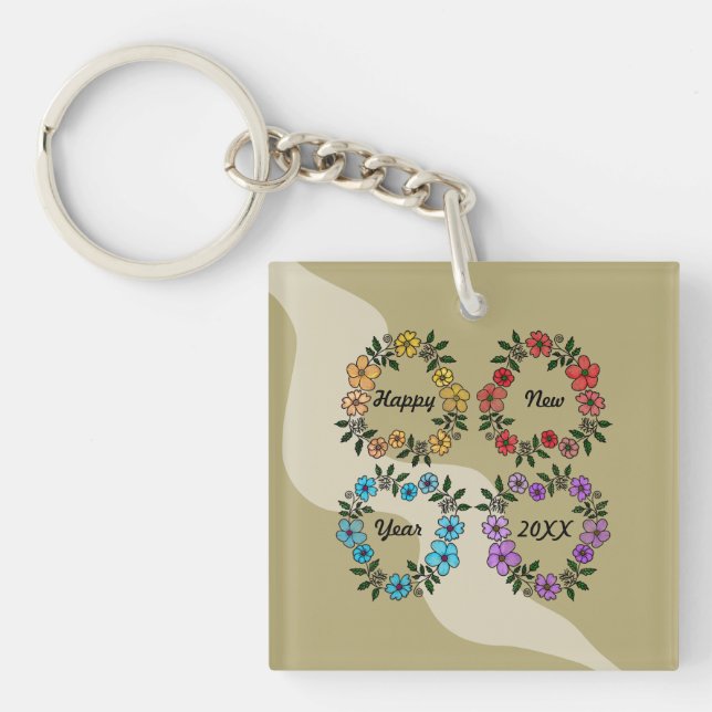 PERSONALIZED HAPPY NEW YEAR 20XX & FLOWERS WREATHS KEY RING (Front)