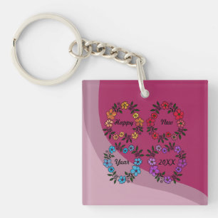 PERSONALIZED HAPPY NEW YEAR 20XX & FLOWERS WREATHS KEY RING