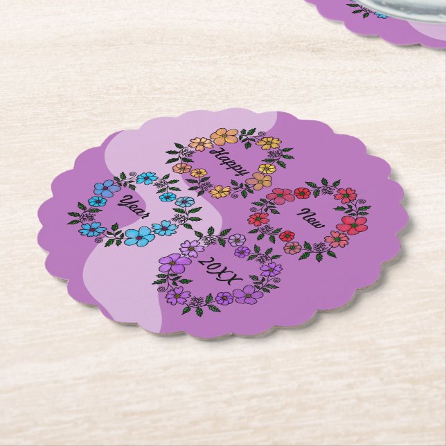 PERSONALIZED HAPPY NEW YEAR 20XX & FLOWERS WREATHS PAPER COASTER (Angled)