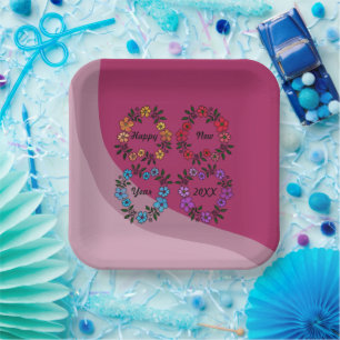 PERSONALIZED HAPPY NEW YEAR 20XX & FLOWERS WREATHS PAPER PLATE