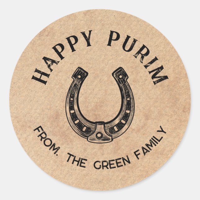 Personalized Happy Purim Round Sticker - Horseshoe (Front)